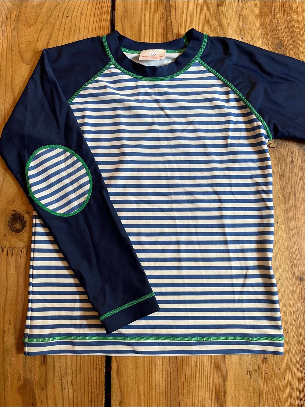 HANNA ANDERSSON 130 Navy Blue Stripe Rash Guard Sun Protection Elbow Patches